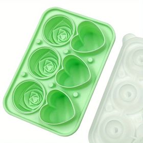 1pc Ice Cube Tray; Rose Flower And Heart Shaped Ice Cube Mold; Food Grade Silicone Ice Ball Maker; Kitchen Tools; Kitchen Supplies (Color: 3 Hearts 3 Roses Ice Tray-Green)