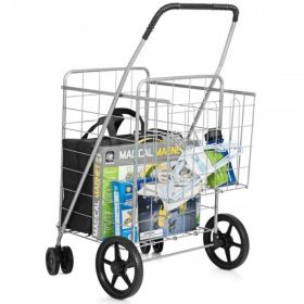 Jumbo Basket Folding Shopping Cart With Swiveling Wheels And Dual Storage Baskets (Type: Kitchen Tools, Color: Silver)